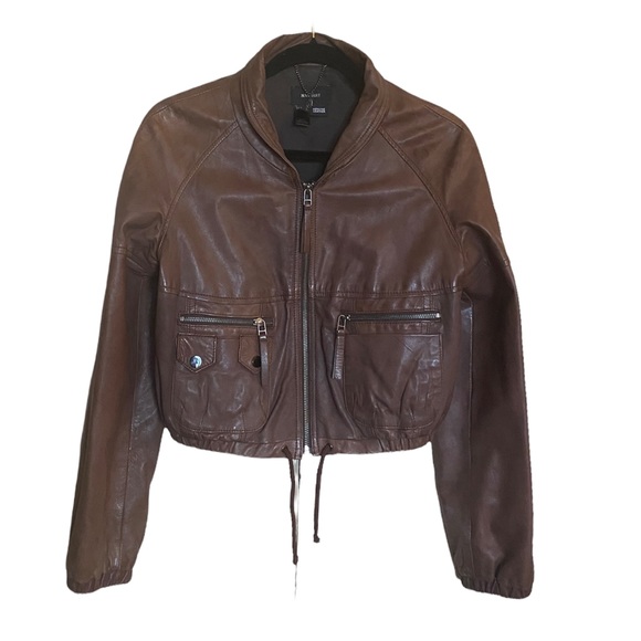 Mango Jackets & Blazers - MANGO Lambskin Leather Biker Cropped Jacket Brown